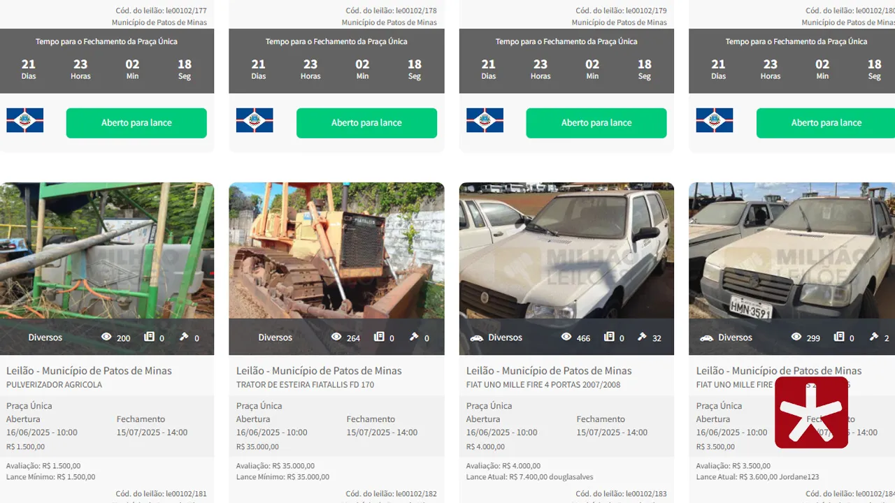 Prefeitura de Patos de Minas abre Leilão Eletrônico e coloca quase mil itens à venda