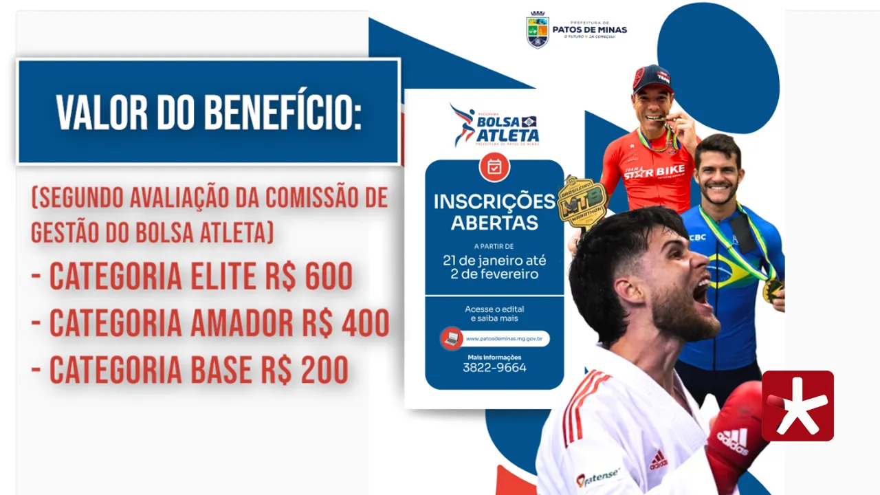 Inscrições para o Programa Bolsa Atleta de Patos de Minas abrem na quarta-feira (21)