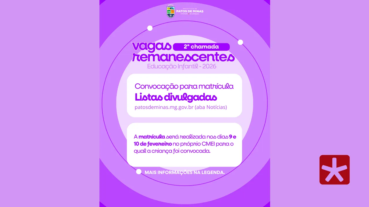 Divulgada segunda chamada para vagas remanescentes em CMEIs de Patos de Minas