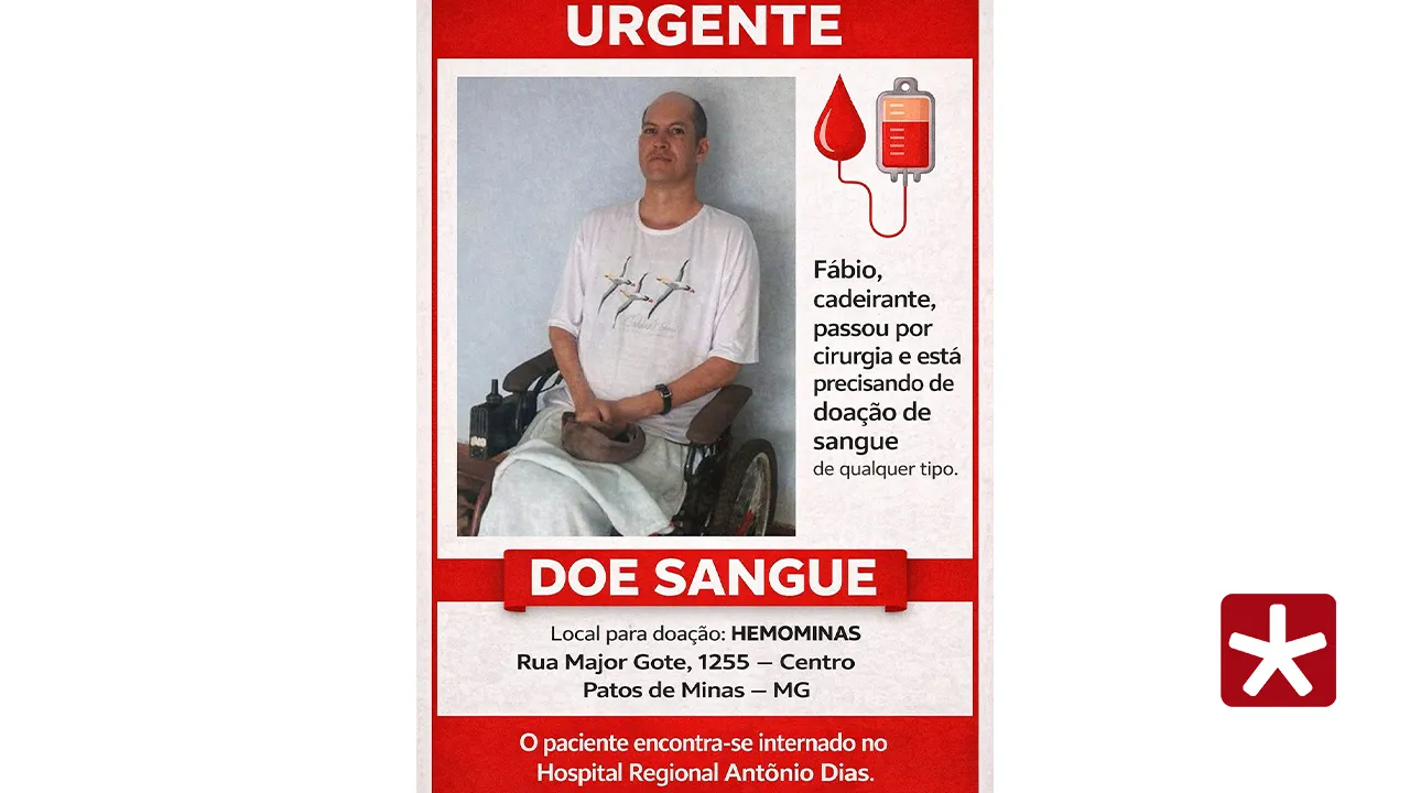 Paciente precisa de doação urgente de sangue em Patos de Minas