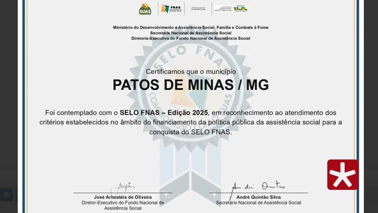 Patos de Minas conquista Selo FNAS 2025 por gestão de recursos da assistência social